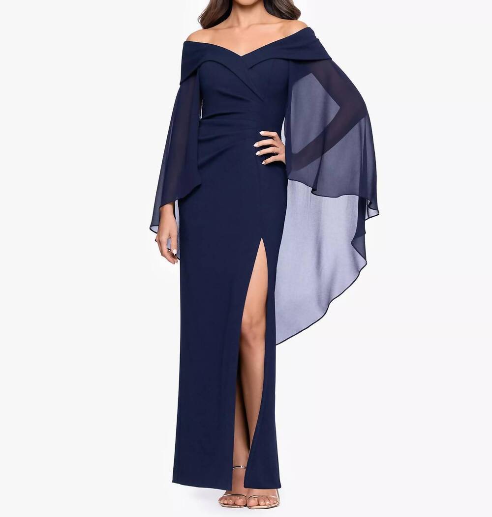 NEW XSCAPE off-the-shoulder cape dress - petite in blue